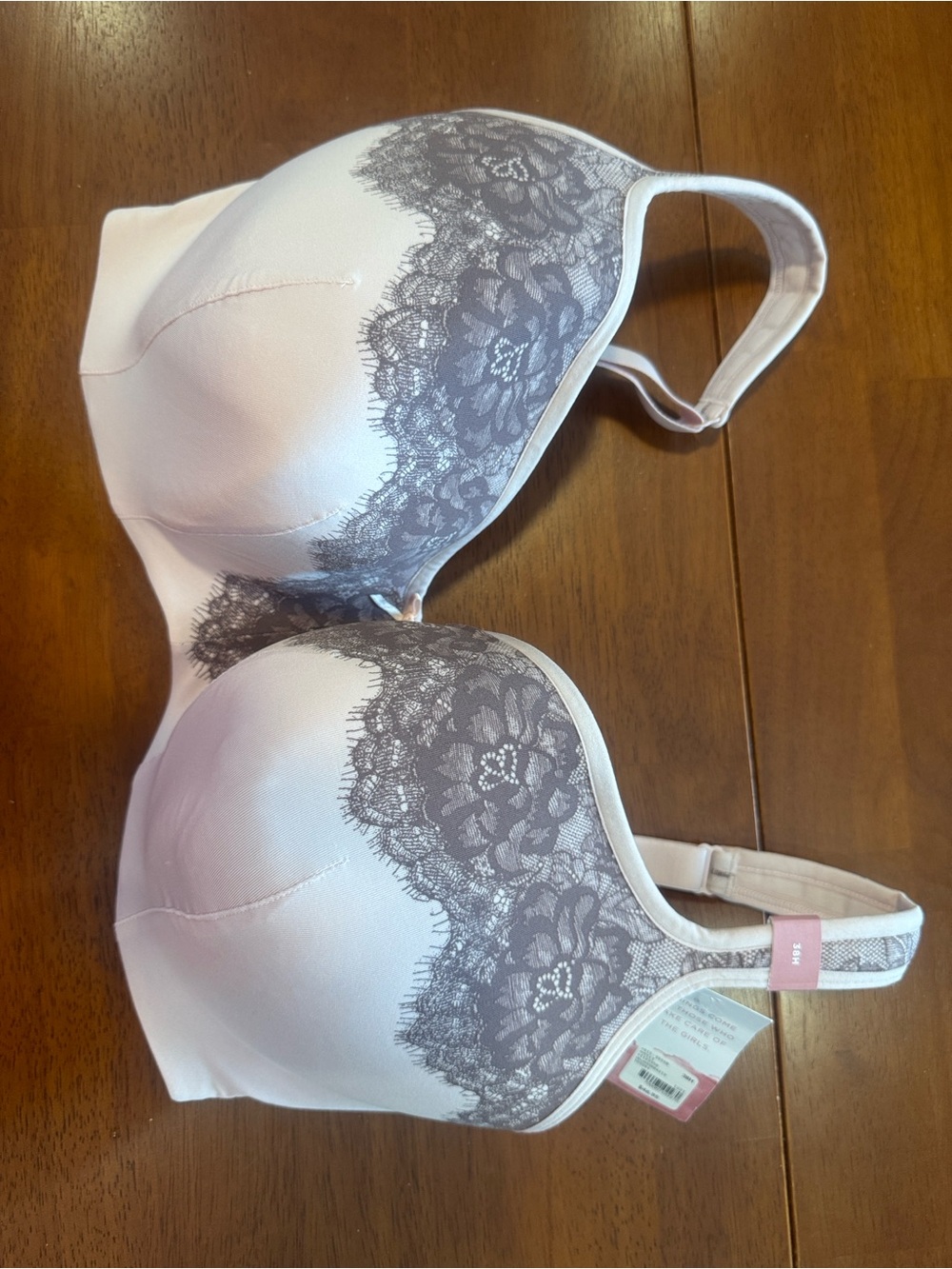 Cacique Lace-Trim T-Shirt Bra - Pink with Gray Lace Size 38H